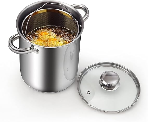 Cook N Home Basics 4-Quart Deep Fryer Pot with Basket, Japanese Tempura Small Stainless Steel Frying Pot with Oil Drip Drainer Rack, Glass Lid, Suitable for Kitchen French Fries, Chicken