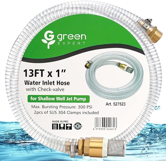 Green Expert 1" ID Inlet Hose with Brass Fittings and Check Valve Full Kit for Well Pump Water Intake Easy to Install for Quickly Water Sucking from Garden Pond Canal Reservoir, 13-Foot