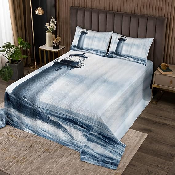 jejeloiu Lighthouse Bedspread King Size Kids Nautical Coverlet Set for Boys Girls Teens Ocean Themed Quilted Coverlet Sea Adventure Bedroom Decor