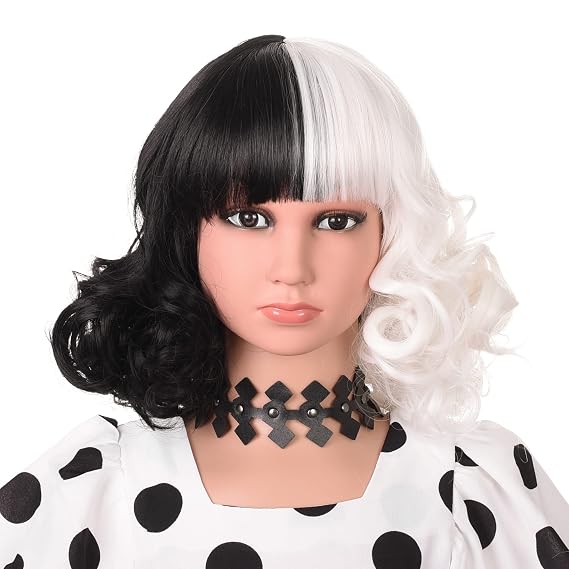 Black and White Wig for 3+ Years Kids Cosplay Costume Short Wavy Bob Synthetic Wigs with Bangs for Boys Girls Halloween Party (Black and Blonde)