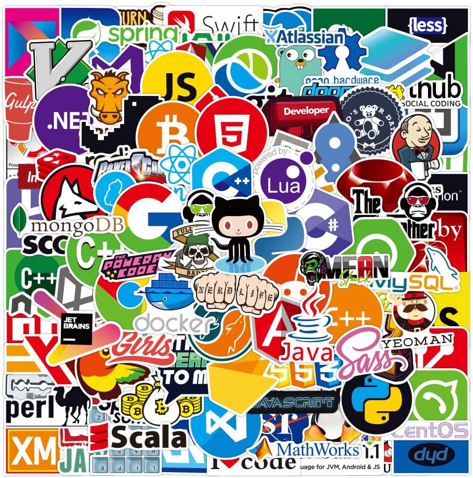 100 x Programming Stickers, IT Logo, Linux, C, Python, Laptop Stickers for Developers, Graffiti Stickers for Geeks, Engineers, Hackers, Geeks, Coders