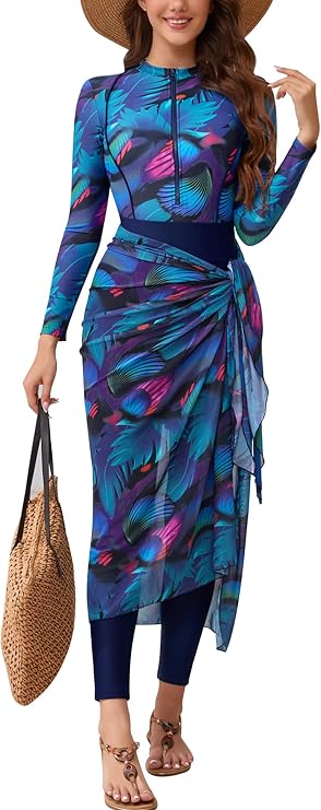 IBAKOM Burkini Swimsut for Women 4 Pieces Long Sleeve Muslim Swim Shirt + Pant + Skirt + Cover Up Islamic Modest Bathing Suit