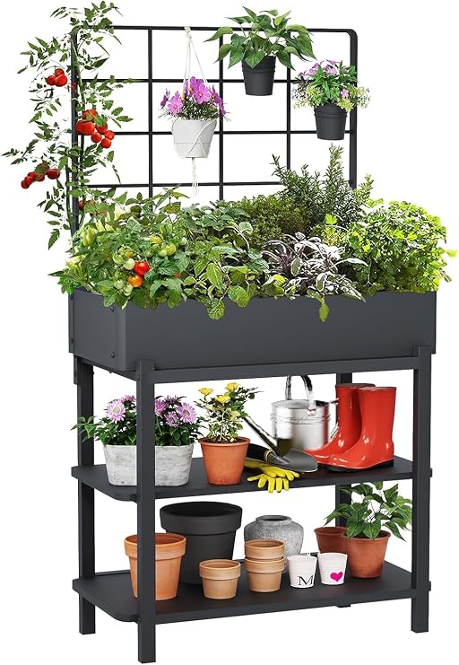 Metal Raised Garden Bed with Trellis & Legs