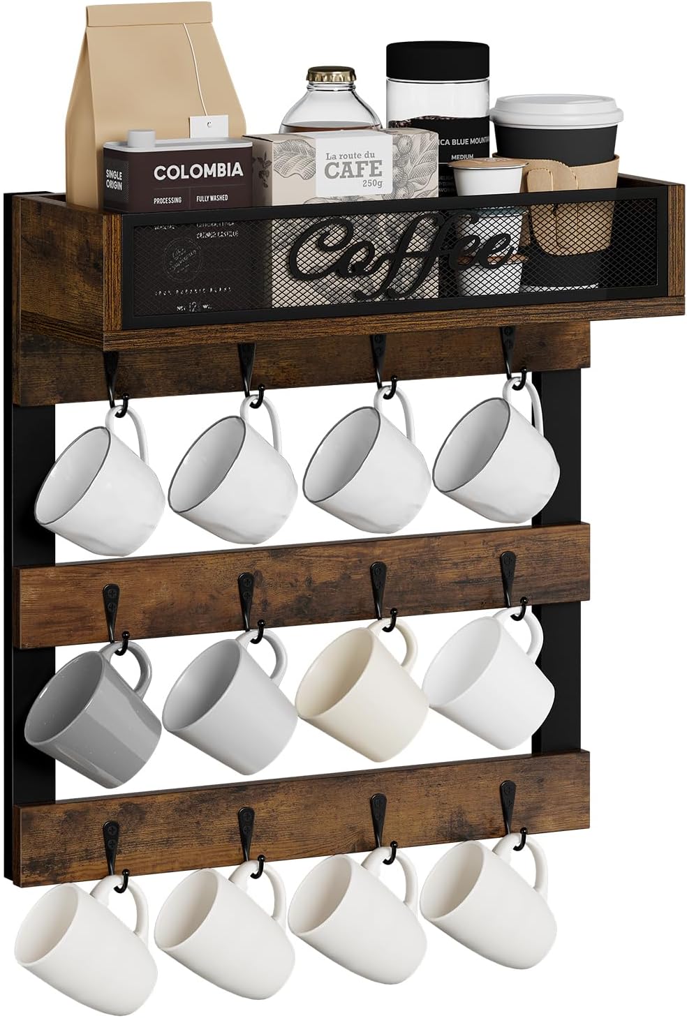 YINMIT Coffee Mug Holder with 12 Hooks, Coffee Cup Holder Wall Mounted with Top Shelf, Mug Organizer for Home Kitchen, Brown