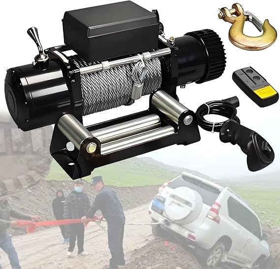 3000/3500/4000/4500/6000LBS Electric Winch Kit - 12V/24V Steel Cable Winch with Wireless/Hand Remote Controller & Roller Fairlead 6000LBS