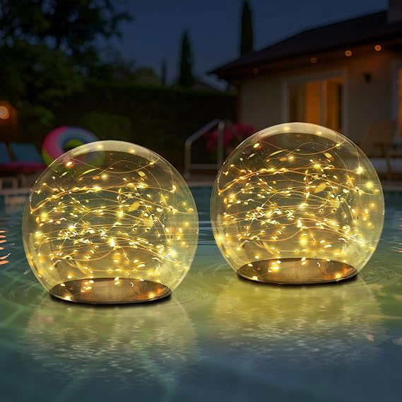 uuffoo 2-Pack 7.4x7.4 Solar Floating Pool Lights Ball Solar Powered LED Flickering that Float Globe Lights Water-Resistant IP66 for Swimming Pool Decor Pond Garden Party