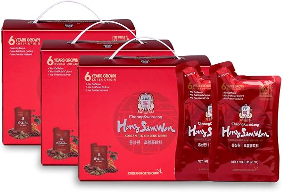 CheongKwanJang Korean Red Ginseng Drink with Ginger Extract, Goji Berry, Cinnamon, Asian Herbal Tea Pre Workout Energy Booster Drinks Hong Sam Won Increase Productivity, Circulation - 60 Pouches