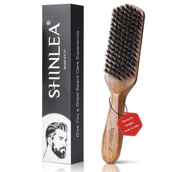 Boar Bristle Hair Brush for Men, Beard Brush with Wooden Handle for Beards Mustaches Grooming, and Soften Facial Hair, Slick Back Hair Brush for Thick & Fine Hair, Great Gift