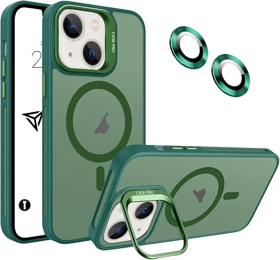 Babilden iPhone 15 İçin Kılıf Kamera Korumalı Magsafe İle Uyumlu Kablosuz Şarj Özellikli Mat Şeffaf Renkli Standlı Lens Hediyeli Telefon Kılıfı (Yeşil)