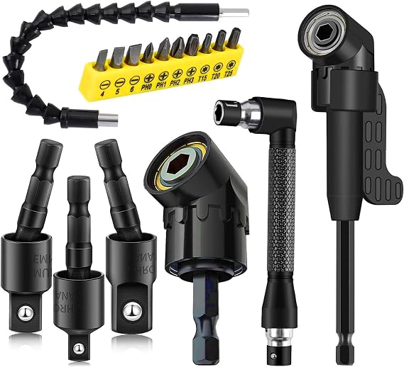 Right Angle Drill Attachment, Flexible Drill Bit Extension, 17PC Magnetic Drill Bit Set 90/105 Angled Rotatable Socket Adapters, Ratchet Wrenches for Tight Narrow Spaces Home Garage Technicians