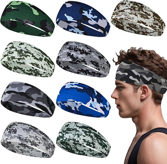 Sports Headband for Men 9 Pack Sweat Headbands for Men Running Workout Headbands Wide Sweatband Mens Stretchy Headband for Running Cycling Football Basketball Yoga