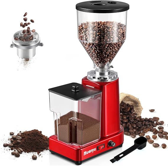Huanyu Flat Burr Coffee Grinder, 35oz Large Capacity for Bulk Grind, Red