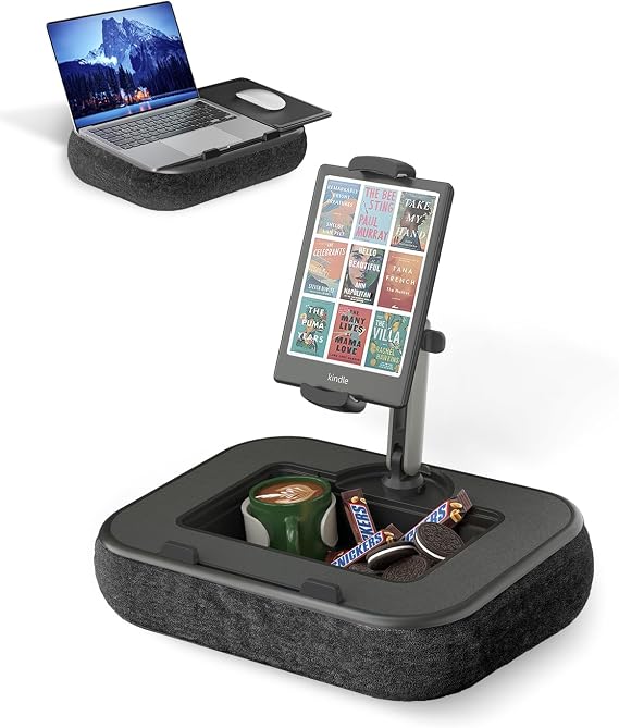 Viozon Kindle Pillow Stand Holder, Phone holder for Bed, Laptop Lap Desk with Mouse Pad,Compatible with 4.7-13" Kindle/Tablet/Phone,10-15"Laptop, Snack Bowl&Cup Attachment&Detachable 360Stand Arm, B