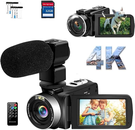 Camcorder, 4K 75MP 30FPS18X Digital Zoom, Includes External Microphone, LED Fill Light Function, 3.0 Inch, LCD Screen, Vlog Camera, Webcam Pause Function for YouTube, Remote Control, 2 Batteries, 32GB