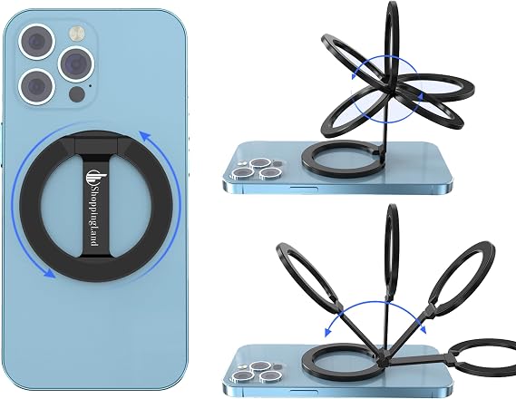 Strong Magnetic Phone Grip with Kickstand - Versatile Cell Phone Holder for Gym, Car Mount- Durable Double-Sided Magnetic Ring- Includes Metal Ring, Compatible with iPhone and All Cell Phones- (Black)