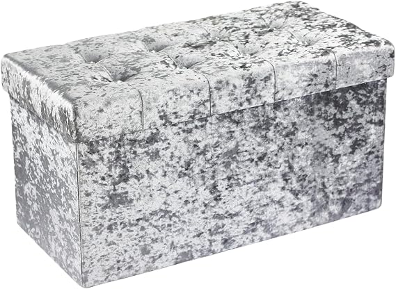 simpahome Large Fold Flat Ottoman Storage - Silver Velvet Velour Finish - Extra Thick Comfortable Cushion - 76cm (L) x 38cm (W) x 38cm (H)