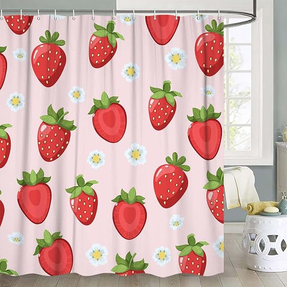 Cute Strawberry Shower Curtain Pink Funny Shower Curtains for Girls Kids Floral Bathroom Waterproof Fabric Decor with Hooks 72X72In