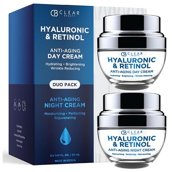 Clear Beauty Hyaluronic Acid & Retinol Face Moisturizer - Dermatologist Tested, Anti Aging, Korean Skin Care Day And Night Hydration, Smooths Fine Lines, Firms Skin Vegan, Clean Duo Pack
