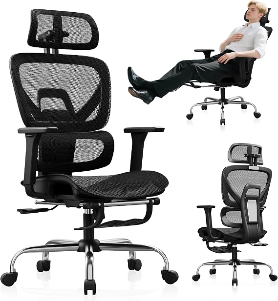 Ergonomic Office Chair with Footrest, Mesh Desk Chair with 135 Recline, Adjustable Lumbar Support, 3D Armrests and Headrest, Swivel Computer Chair for Home Office