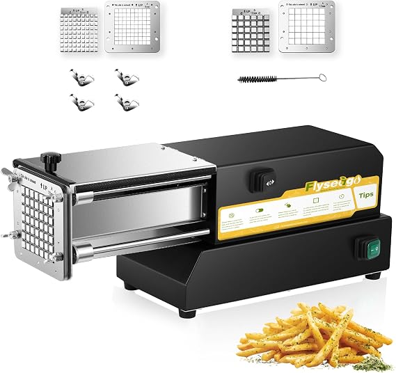 French Fry Cutter Electric Potato Cutter Stainless Steel Professional With 2 Blades For Commercial, Home Use & Cucumbers, Carrots, Sweet Potatoes, Black