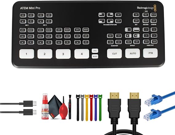 Blackmagic Design ATEM Mini Pro HDMI Live Stream Switcher | 4-Input Video Mixer with USB & Ethernet | for Streaming, Podcasting & Live Events (SWATEMMINIBPR) + Cat5e Ethernet + HDMI Cable + More