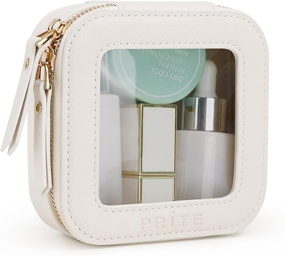 Prite Clear Makeup Bag Cosmetic Case Travel Toiletry Bag, Beige, Mini | Four Sizes, Water-resistant, Tsa Approved, See Through, Car Essentials, Vegan Leather, Transparent PVC, Gift Box Packaging