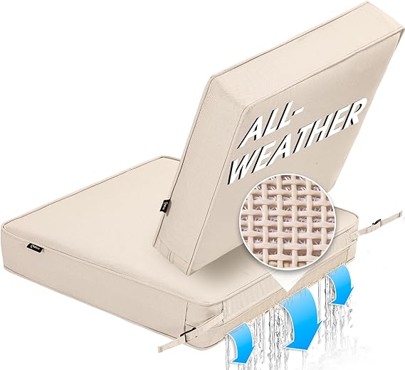 SUNROX All-Weather DryFast Foam Outdoor Patio Furniture Cushions, FadeShield Water Resistant Deep Seat Cushion with DryMesh Drainage, Durable Low Maintenance Couch Cushion, 24"x24"x4" Cream