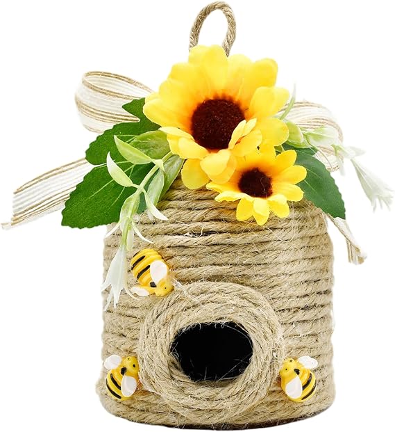 Bee Hive Decor, Natural Beehive Decor with Sunflower, Rustic Bee House Decorations for Spring/Summer Home Farmhouse Kitchen Table Tiered Tray