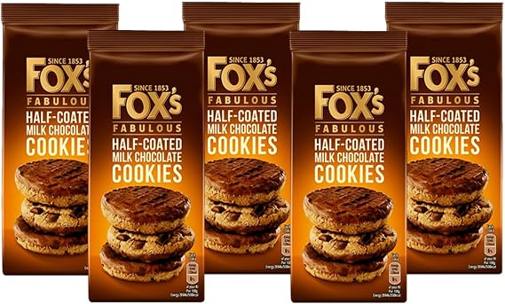 Fox's Fabulous Half Coated Milk Chocolate Cookies 175g | Chocolate Biscuits | Chocolate Chunky Cookies | Chocolate Coated Bread | Available for Hampers and Gifts on all Occassions (Pack of 5)