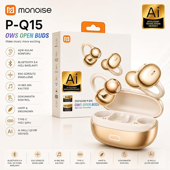 Monoise P-Q15 OWS Open Buds Bluetooth 5.4 Kablosuz Kulaklık, Küpe Kulaklık, Altın