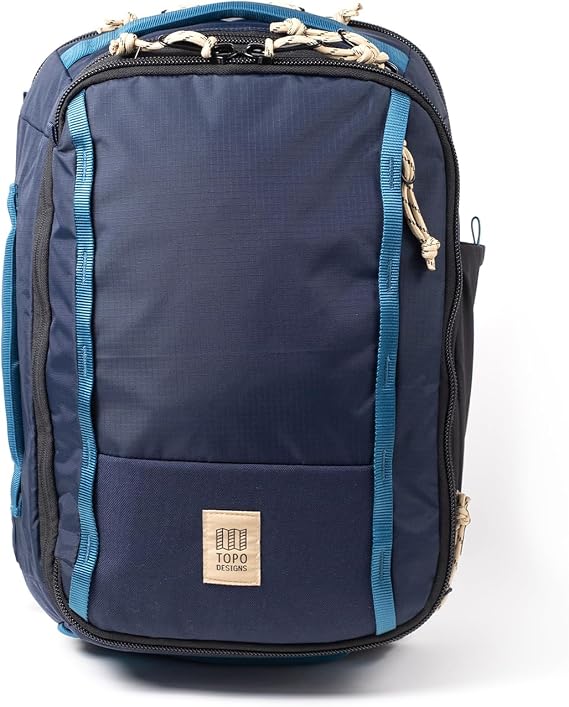 Topo Designs Global Travel Backpack, 25 Liter Bag, 3x Padded Grab Handles, Stretch Mesh, 100% Recycled Nylon Construction, PFAS-Free (Navy/Sahara)