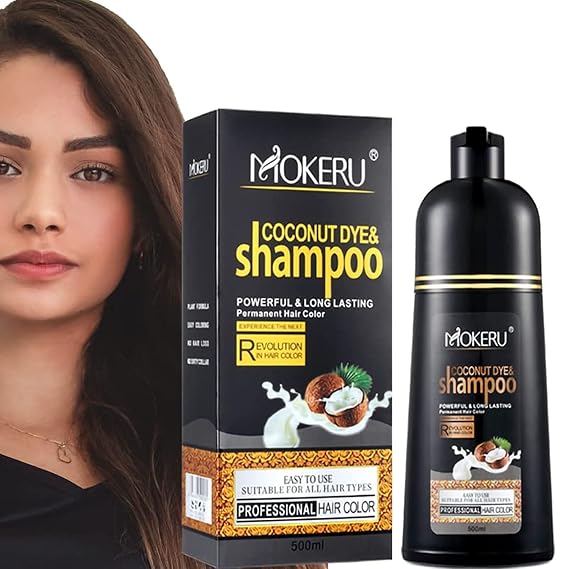 MOKERU Coconut Dark Brown Hair Dye Shampoo for Gray Hair, Semi-Permanent Color Women and Men, Fast Acting Long Lasting, 3 in 1- 100% Grey Coverage(17.6 Fl oz)