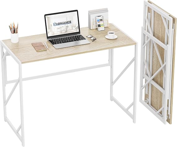 Elephance Folding Desk Writing Computer Desk for Home Office No-Assembly | Study Office Desk,Foldable Table for Small Spaces,31.5 Inch,Beige