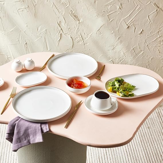 Karaca Meridian Breakfast Set for 6 People - 34-Piece Crockery Set with Plates and Bowls Set, New Generation Bone China, Round Serveware Set & White Gold Dinner Set