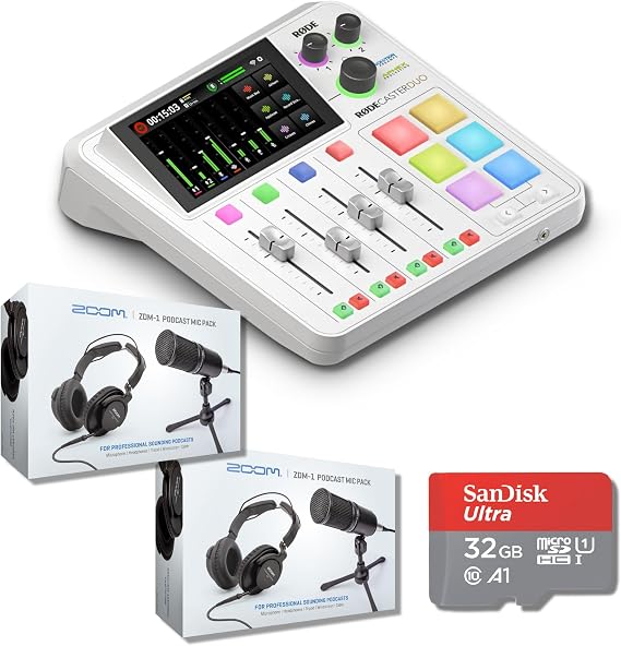 Rode RODECaster Duo (White) Integrated Audio Production Studio with 2x Zoom ZDM-1 Podcast Microphone Pack