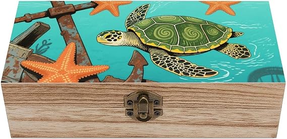 Decorative Keepsake Box Wooden Storage Boxes with Hinged Lid Handmade Vintage Ocean Turtle Starfish Wood Organizer Memory Treasure Box for Jewelry Craft Card Photo Storage Wedding Bridal Shower Gifts