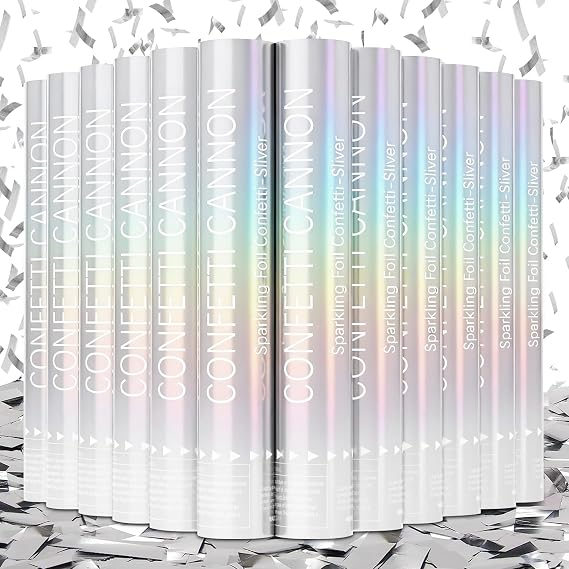 Confetti Cannon 12 Pack Silver Confetti Poppers 12 Inch Streamer Cannon Foil Party Poppers Confetti Shooters Silver Mylar Popper Cannon Bulk for Wedding Birthday Graduations New Year Celebration