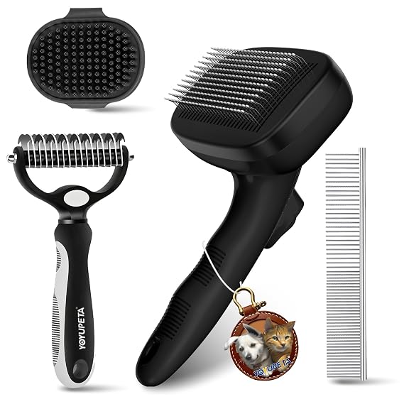 4-in-1 Dog Brush Kit: Self-Clean Shedding & Grooming Rake, Black