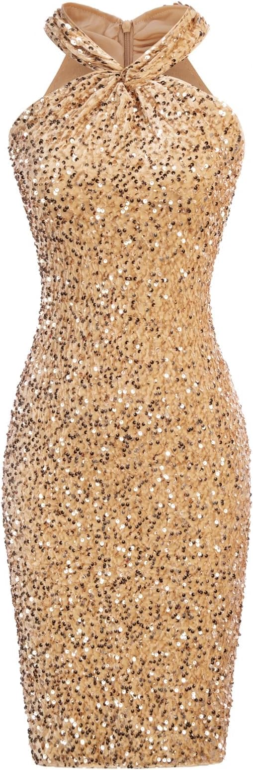 GRACE KARIN Women Short Sequin Dress,Sparkly Cocktail Bodycon Dresses | Sleeveless,Halter,Velvet,Glitter,Sheath,Mini,Knee Length,Suitable for Spring,Fall,Winter,Party,Festival,Club,Gift