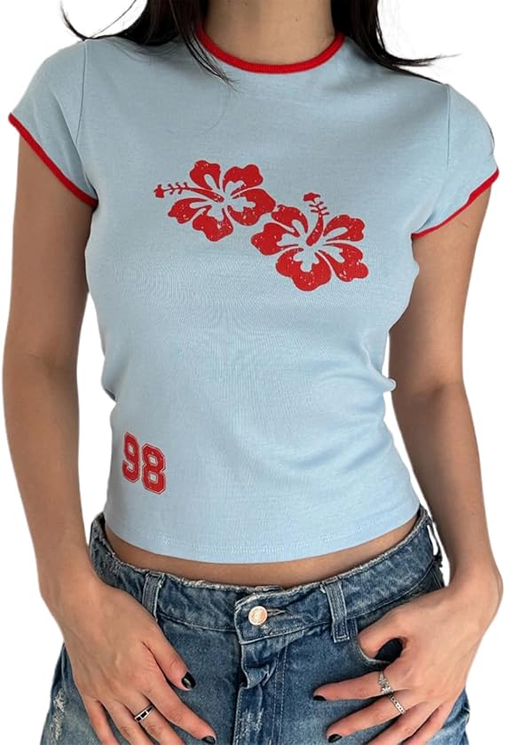Y2K Baby Tees Women Short Sleeve Aesthetic Graphic Crop Tops 90s Teen Girl Slim Fit Vintage Summer Cropped T-Shirt