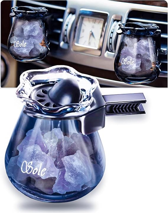 Car Diffuser Glass Bottles with Crystals Natural Stone for Spreading Essential Oils,Blue Lotus Design Glass jar as air freshener Vent Clip,car Vent Decor Accessories (Purple Stone)