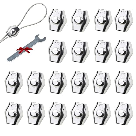20Pcs M3 Stainless Steel Single Wire Rope Clips, Simplex Bolt Cable Clamp for 1/16in-1/8in Diameter Wire Cable for Picture Hanging Christams String Light, Free Wrench