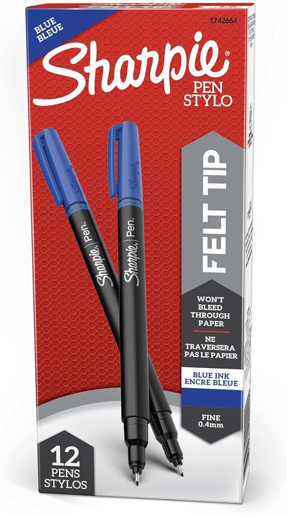 Sharpie Felt Tip Pens, Fine Point (0.4mm), Blue, 12 Count