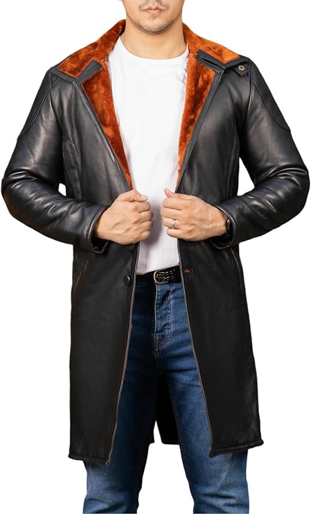 Jild Shearling Leather Trench Coat Men Stand Collar Warm & Stylish Real Lambskin Long Leather Jacket Men Coats Winter
