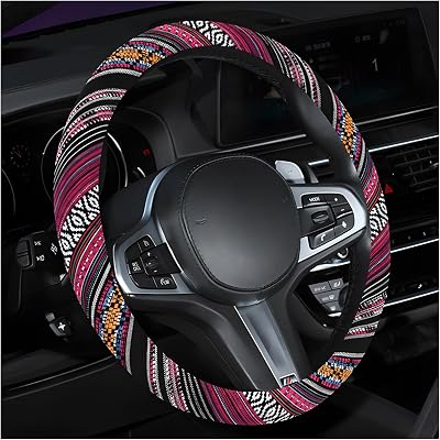 Boho Steering Wheel Cover, 15.015.0 Anti-Slip Baja Blanket Ethnic Steering Wheel Protector, Breathable Flax Cloth Elastic Bohemian Steering Wheel Cover, Car Accessories Style J