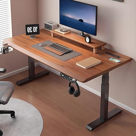 Adjustable Height Standing Desk, Computer Desk with 3 Memory Presets, Large Stand up Desk with Headphone Hooks, for Home, Office, Monitor Riser(Brown,39.3in/100cm)