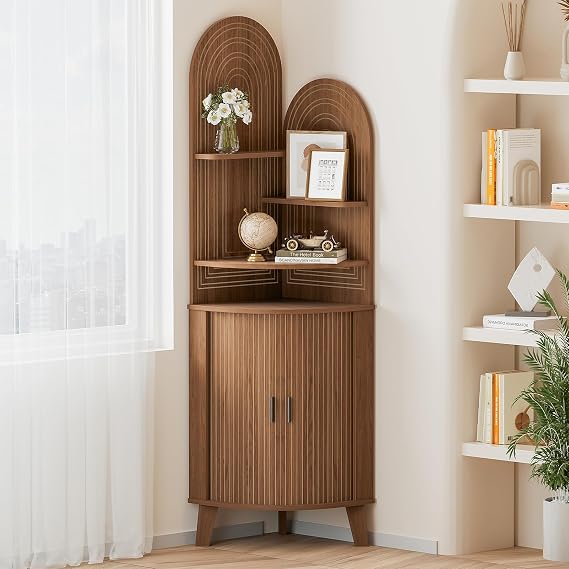 Small Corner Cabinet with Sliding Door and Storage, Tall Corner Bathroom Cabinet for Kitchen, Living Room, Corner Shelf Display Storage Cabinet, Walnut