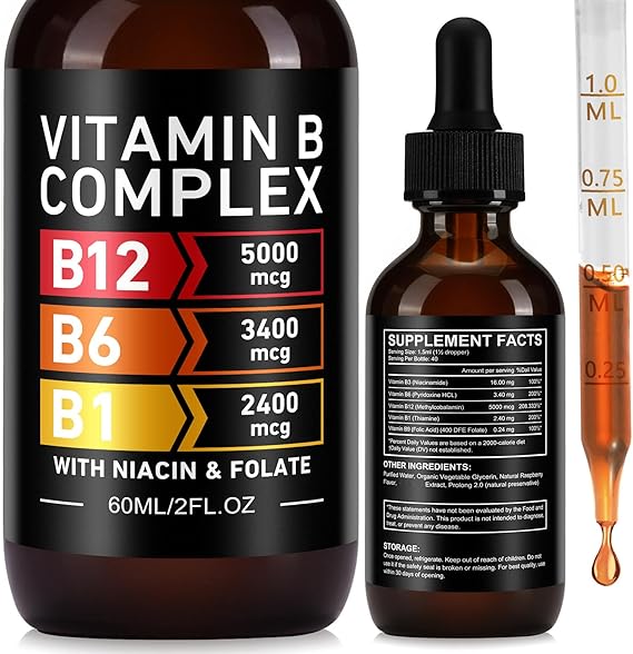 Vitamin B Complex Liquid Drops, 60ml High Strength B-Vitamin Complex Drops Vitamin B3 B6 B12 B1& Folate, Supports Immune System and Energy Levels, Brain Heart Function (60ML)