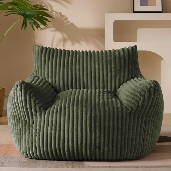 Gericco Giant Plush Bean Bag Chair for Adults with Armrests - Oversized Comfy Green Beanbag Lounge Lazy Floor Sofa Accent Chair for Living Room, Bedroom & Dorm, Cozy Fluffy Single Cloud Mini Couch