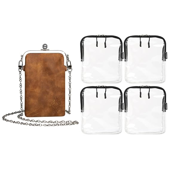 BORSALI 4-pack TSA-Approved Clear Toiletry Bag in Black with Womens Crossbody Bag/Double Eyeglass Case in Brown